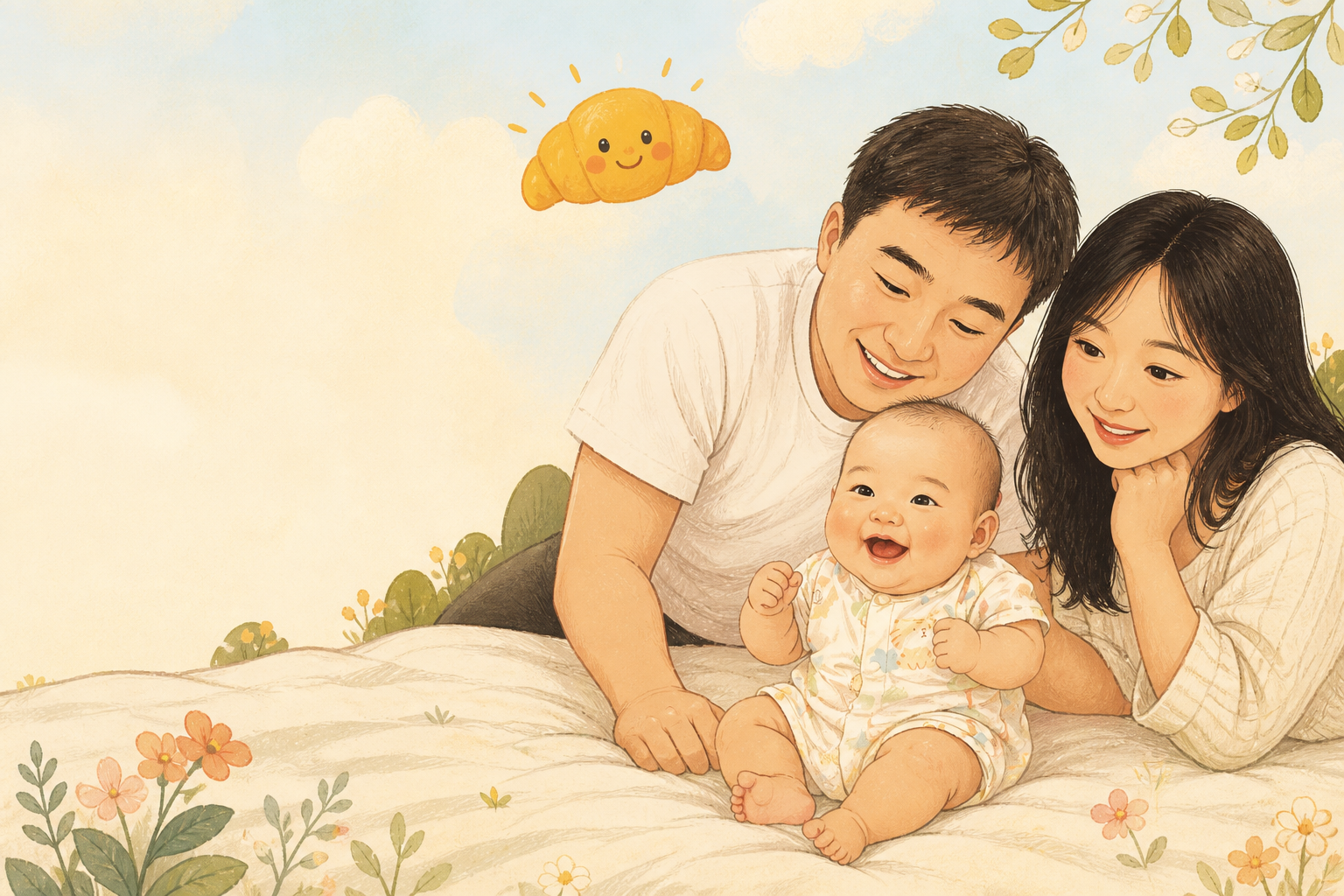 Croissant 和爸爸妈妈在毯子上相依而笑的手绘插画